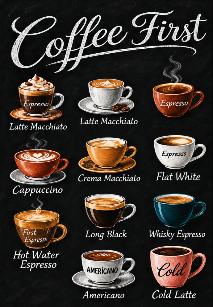 Coffee First blackboard illustration showing espresso, latte macchiato, cappuccino, flat white, long black, and other coffee styles.